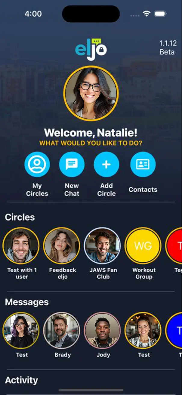 eljo home screen with circles, messages and activity